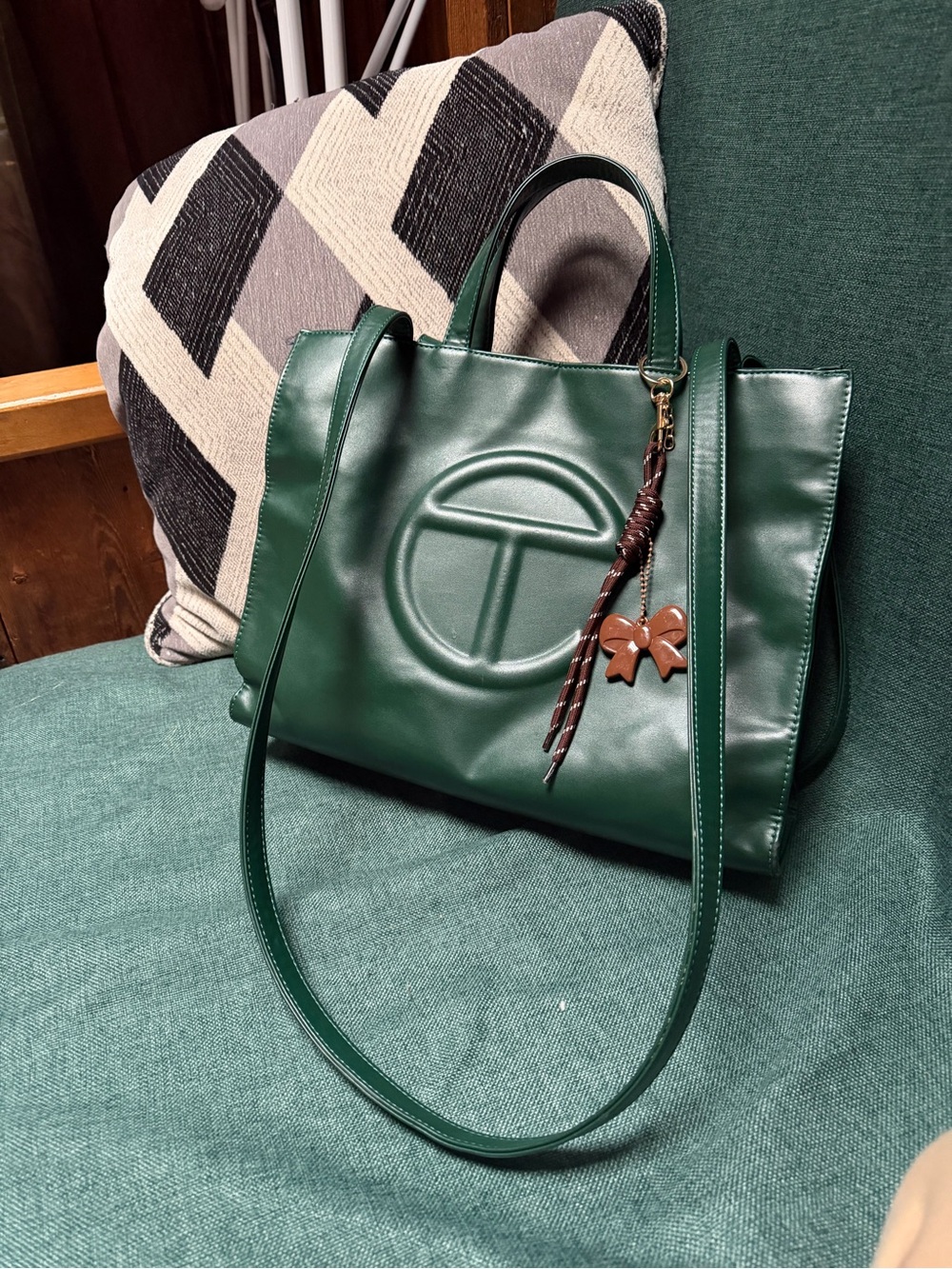 Telfar Green Embossed Leather Tote Bag with Charm